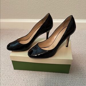 Kate Spade “Giselle” Black Peep-Toe Heels black patent leather